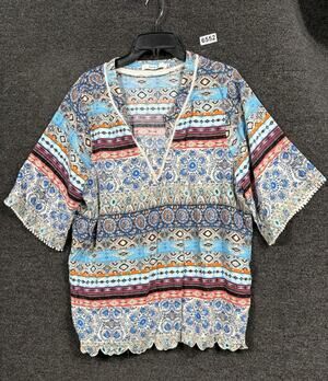 Love 83 Peasant Blouse Womens Size 1X Multicolor Short Sleeve V-Neck Bohemian